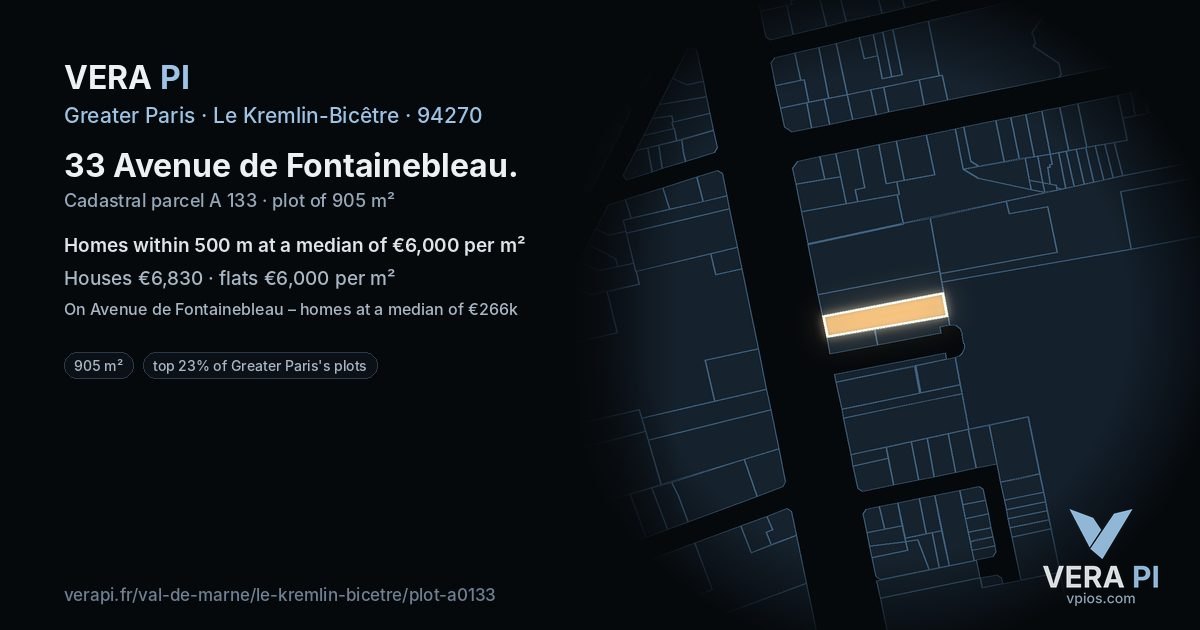 33 Avenue de Fontainebleau, Le Kremlin-Bicêtre at night – the plot lit, the parcels around coloured by the prices near them