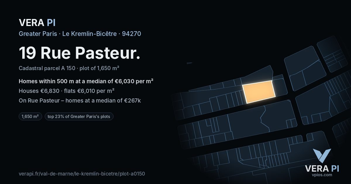 19 Rue Pasteur, Le Kremlin-Bicêtre at night – the plot lit, the parcels around coloured by the prices near them