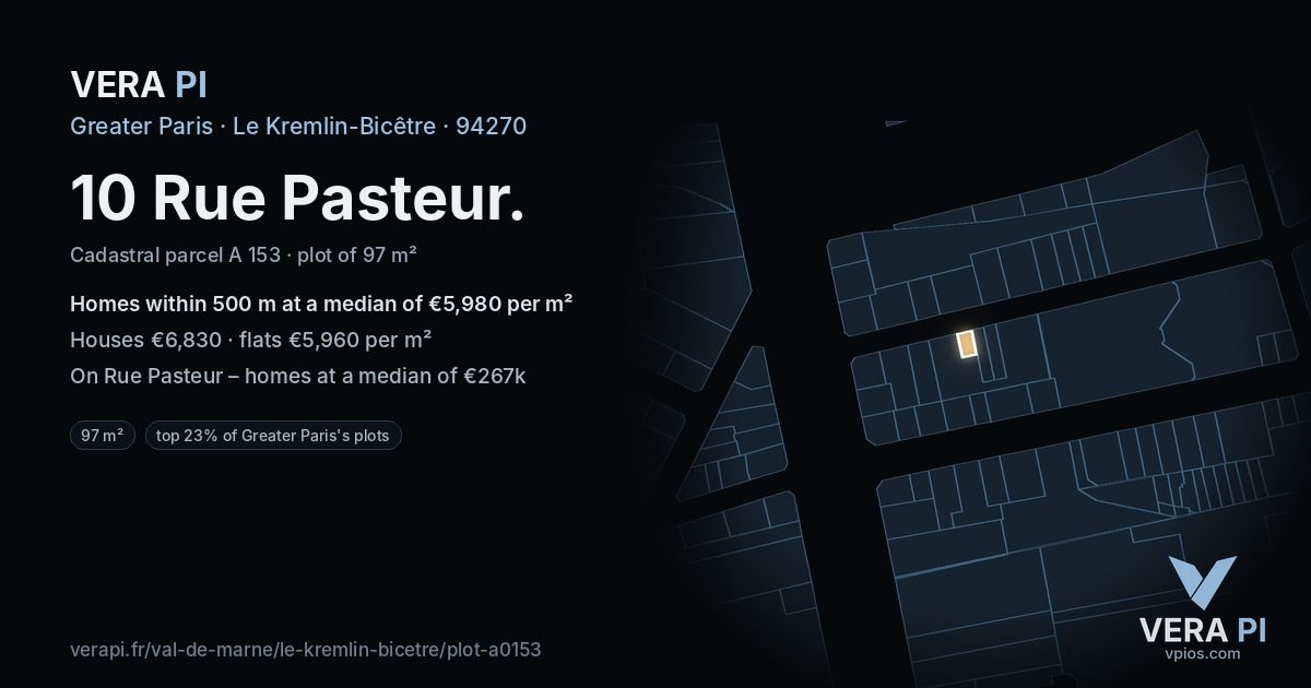 10 Rue Pasteur, Le Kremlin-Bicêtre at night – the plot lit, the parcels around coloured by the prices near them