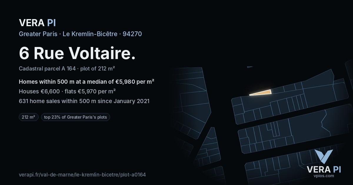 6 Rue Voltaire, Le Kremlin-Bicêtre at night – the plot lit, the parcels around coloured by the prices near them