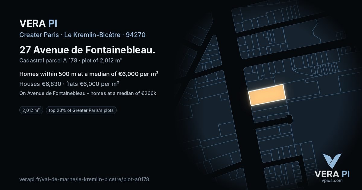 27 Avenue de Fontainebleau, Le Kremlin-Bicêtre at night – the plot lit, the parcels around coloured by the prices near them