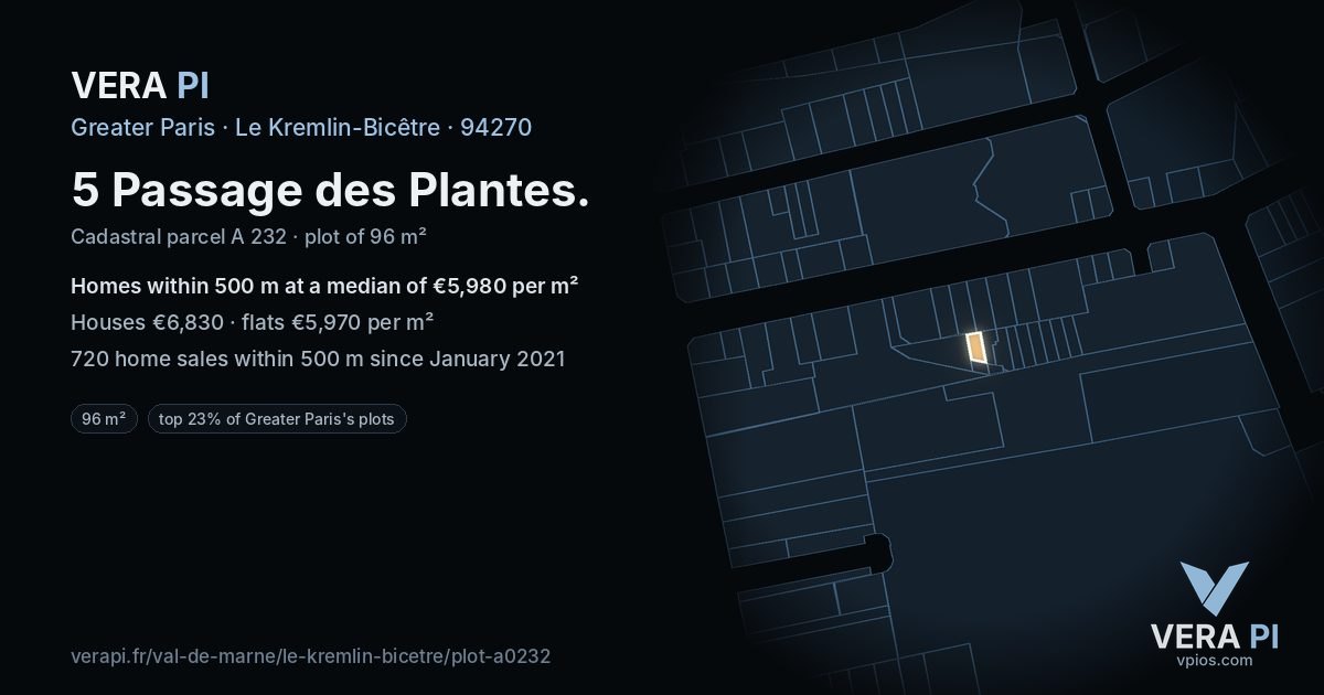 5 Passage des Plantes, Le Kremlin-Bicêtre at night – the plot lit, the parcels around coloured by the prices near them