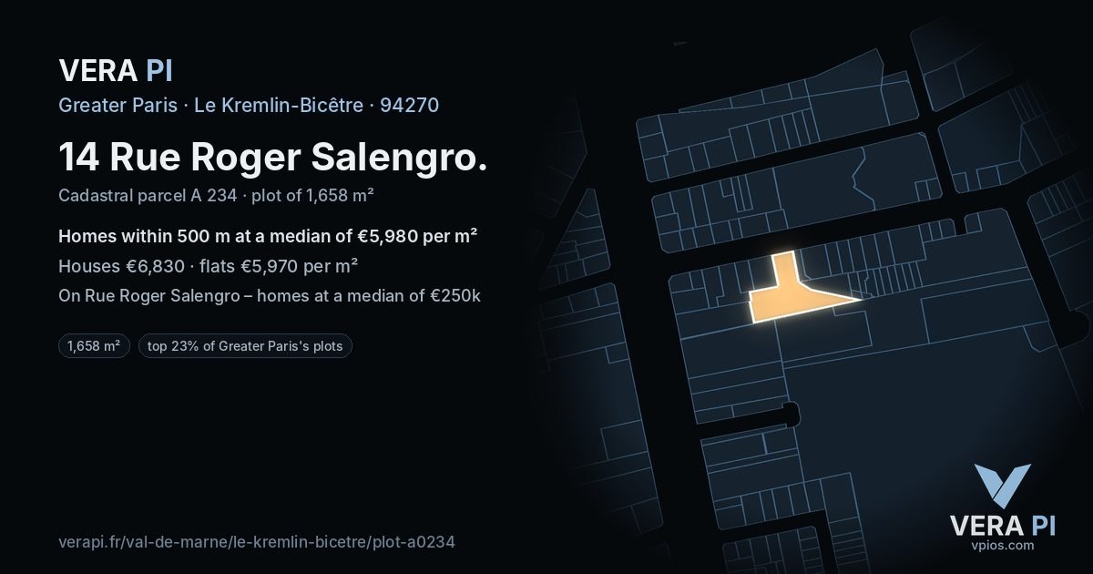 14 Rue Roger Salengro, Le Kremlin-Bicêtre at night – the plot lit, the parcels around coloured by the prices near them