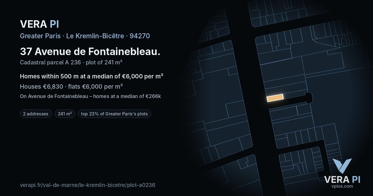 37 Avenue de Fontainebleau, Le Kremlin-Bicêtre at night – the plot lit, the parcels around coloured by the prices near them