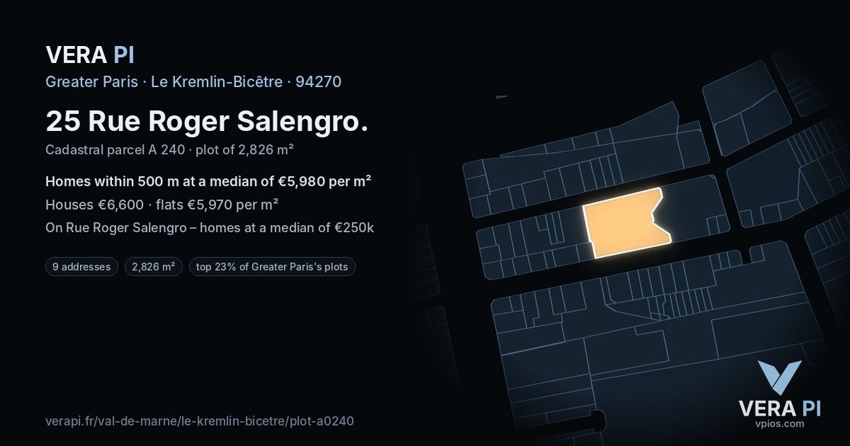 25 Rue Roger Salengro, Le Kremlin-Bicêtre at night – the plot lit, the parcels around coloured by the prices near them