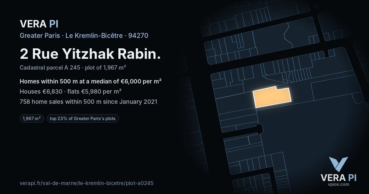 2 Rue Yitzhak Rabin, Le Kremlin-Bicêtre at night – the plot lit, the parcels around coloured by the prices near them