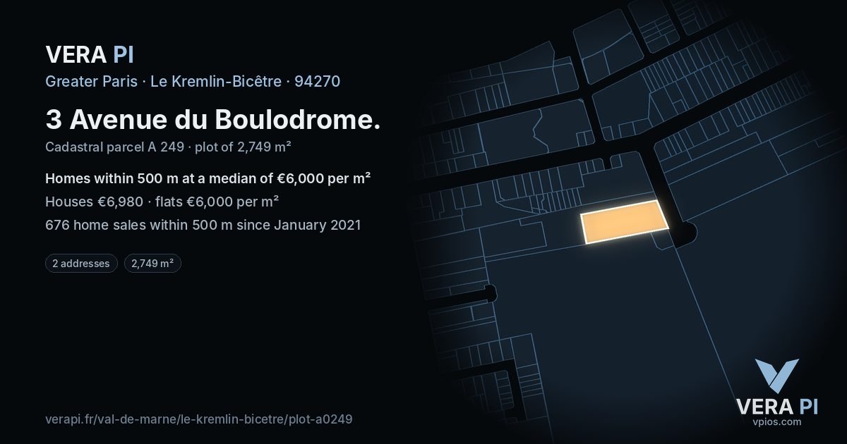 3 Avenue du Boulodrome, Le Kremlin-Bicêtre at night – the plot lit, the parcels around coloured by the prices near them