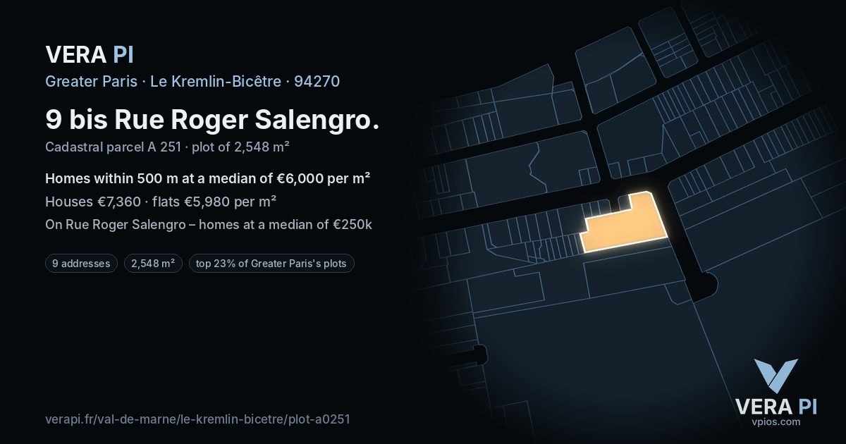 9 bis Rue Roger Salengro, Le Kremlin-Bicêtre at night – the plot lit, the parcels around coloured by the prices near them