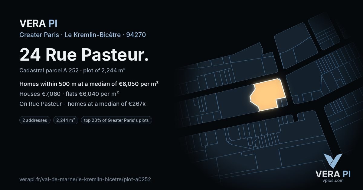 24 Rue Pasteur, Le Kremlin-Bicêtre at night – the plot lit, the parcels around coloured by the prices near them