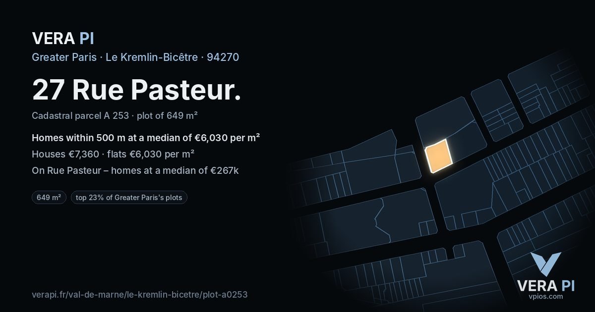 27 Rue Pasteur, Le Kremlin-Bicêtre at night – the plot lit, the parcels around coloured by the prices near them