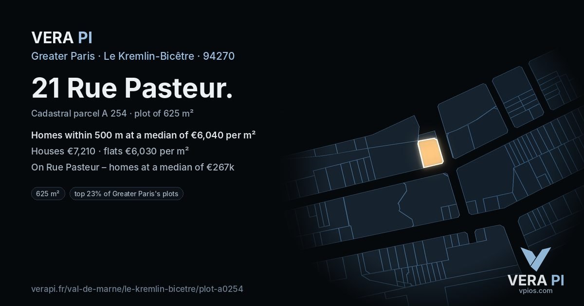 21 Rue Pasteur, Le Kremlin-Bicêtre at night – the plot lit, the parcels around coloured by the prices near them