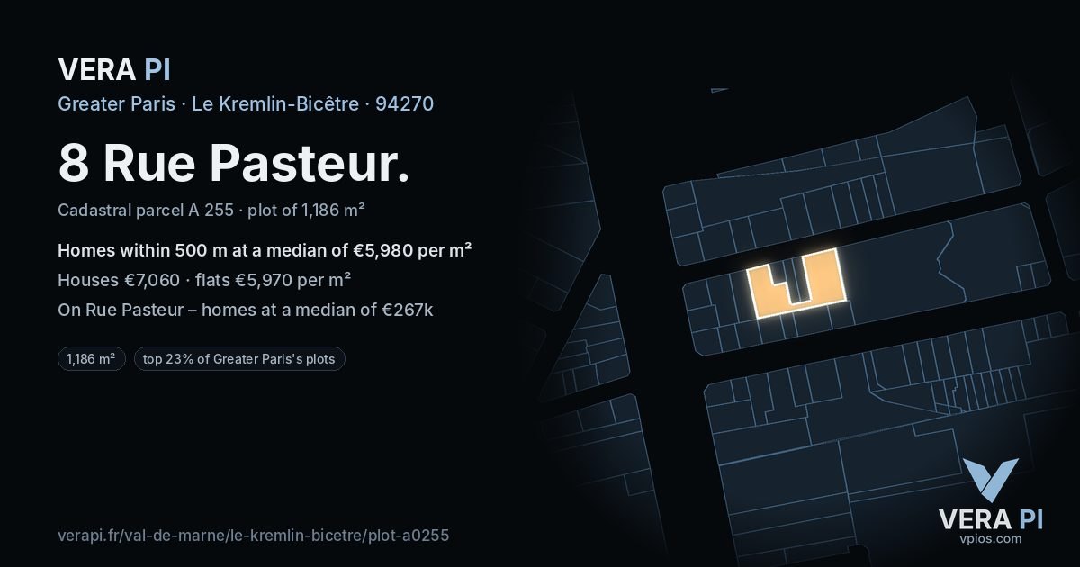 8 Rue Pasteur, Le Kremlin-Bicêtre at night – the plot lit, the parcels around coloured by the prices near them