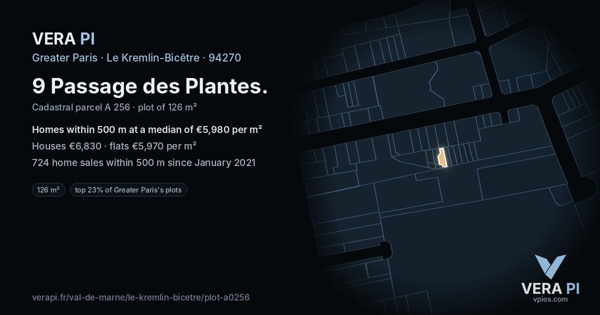 9 Passage des Plantes, Le Kremlin-Bicêtre at night – the plot lit, the parcels around coloured by the prices near them