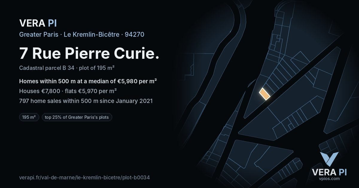 7 Rue Pierre Curie, Le Kremlin-Bicêtre at night – the plot lit, the parcels around coloured by the prices near them