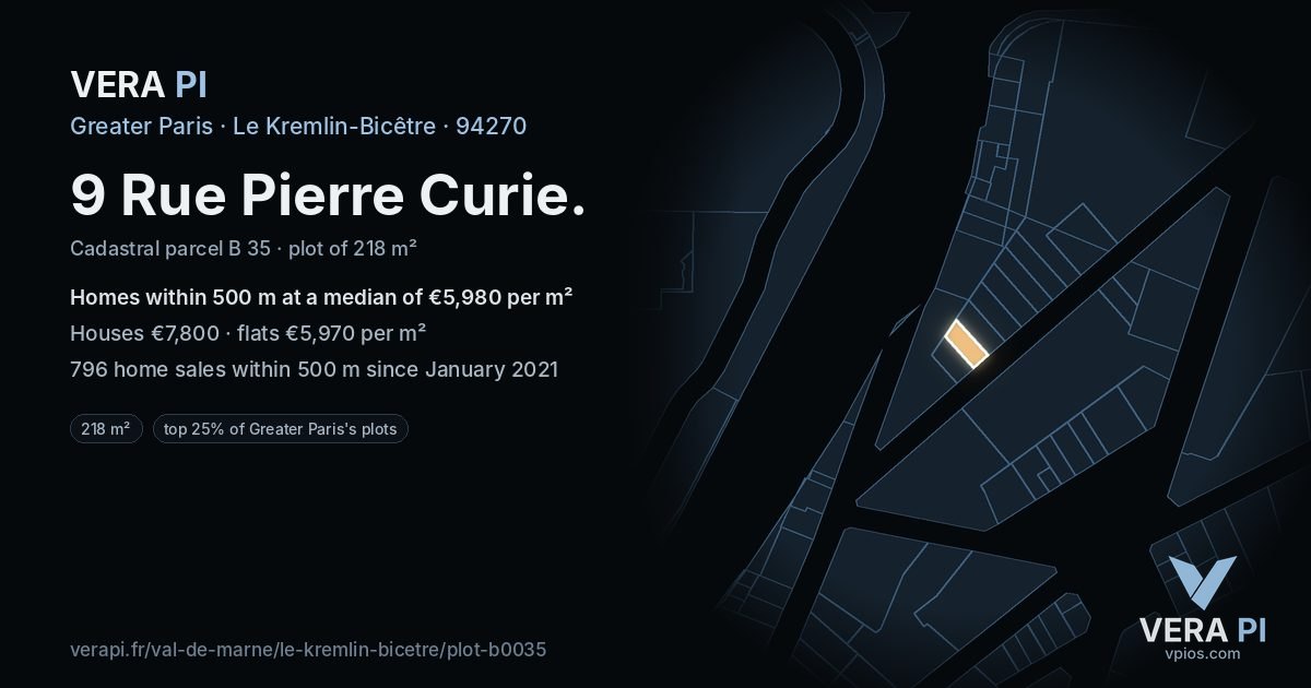 9 Rue Pierre Curie, Le Kremlin-Bicêtre at night – the plot lit, the parcels around coloured by the prices near them