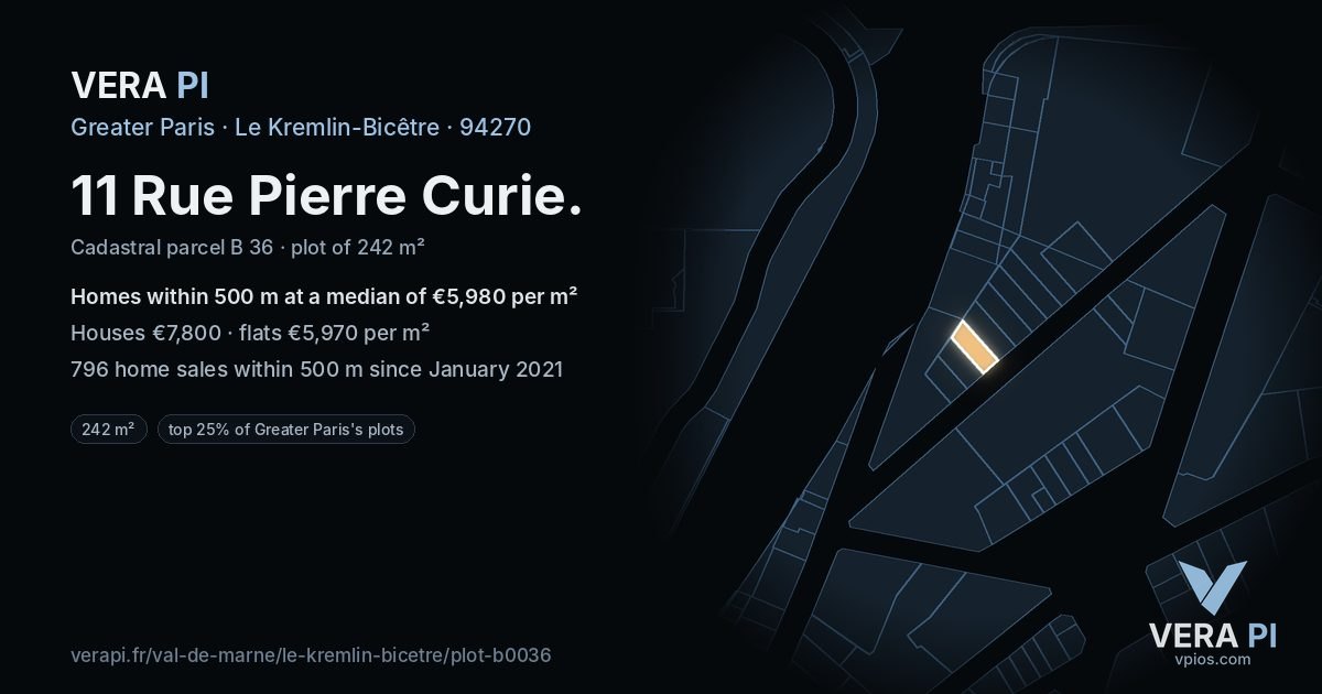 11 Rue Pierre Curie, Le Kremlin-Bicêtre at night – the plot lit, the parcels around coloured by the prices near them