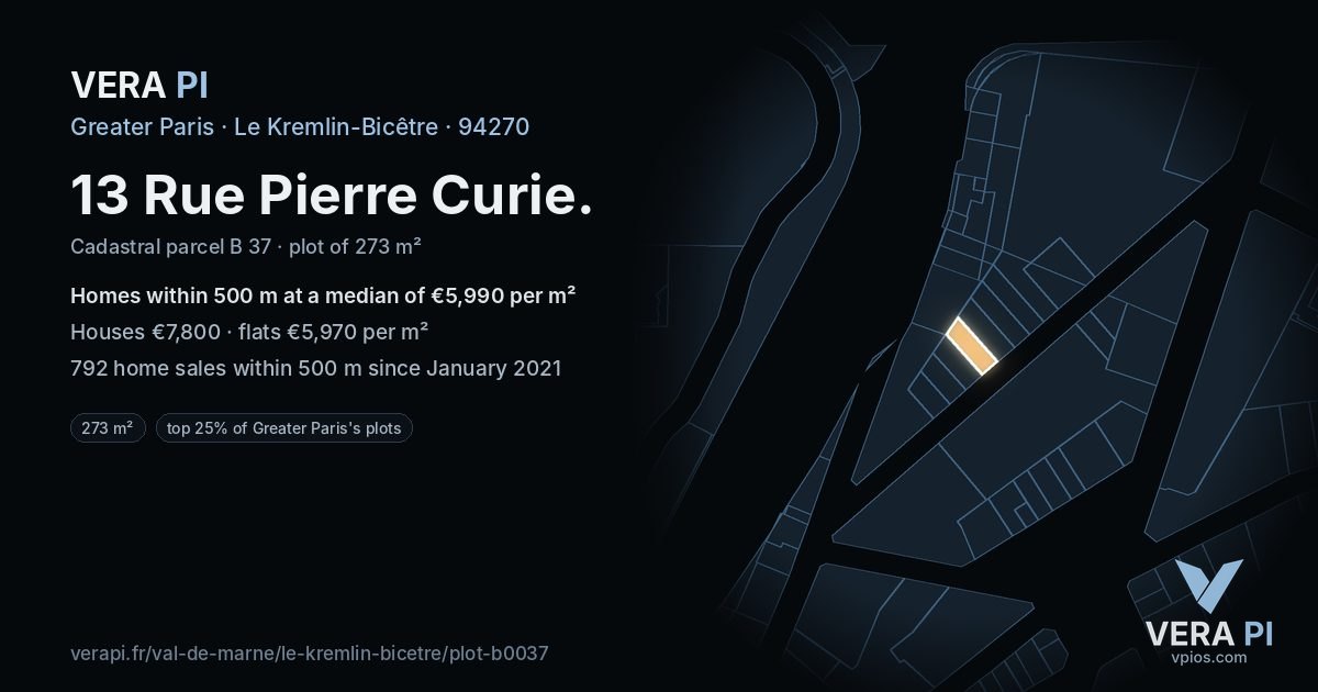 13 Rue Pierre Curie, Le Kremlin-Bicêtre at night – the plot lit, the parcels around coloured by the prices near them