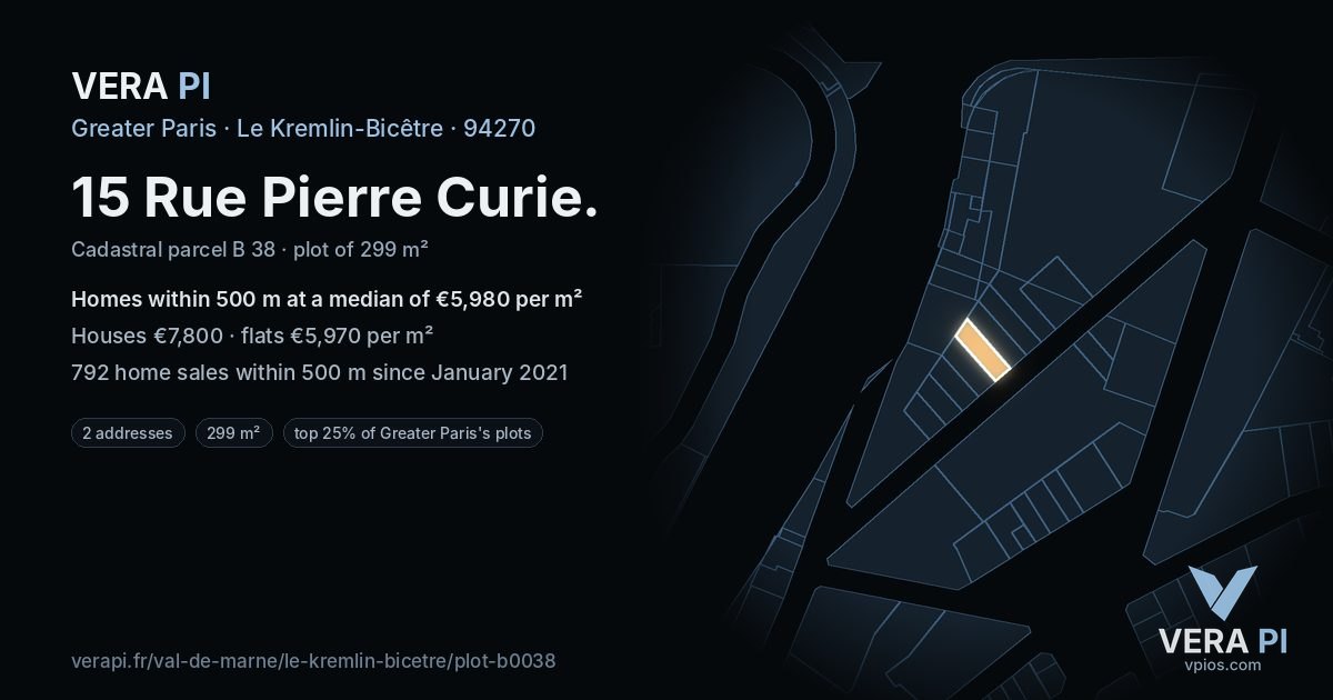15 Rue Pierre Curie, Le Kremlin-Bicêtre at night – the plot lit, the parcels around coloured by the prices near them