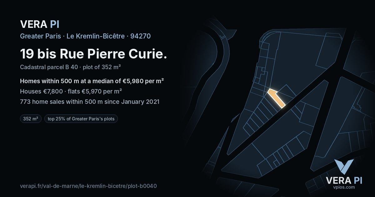 19 bis Rue Pierre Curie, Le Kremlin-Bicêtre at night – the plot lit, the parcels around coloured by the prices near them