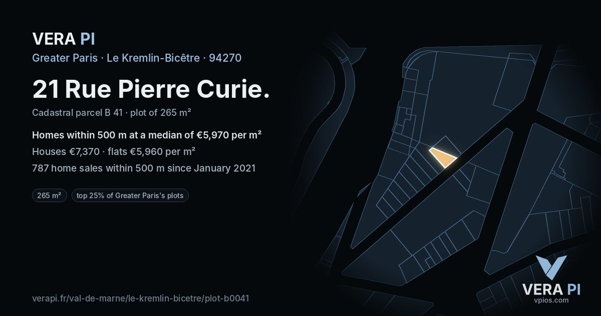 21 Rue Pierre Curie, Le Kremlin-Bicêtre at night – the plot lit, the parcels around coloured by the prices near them