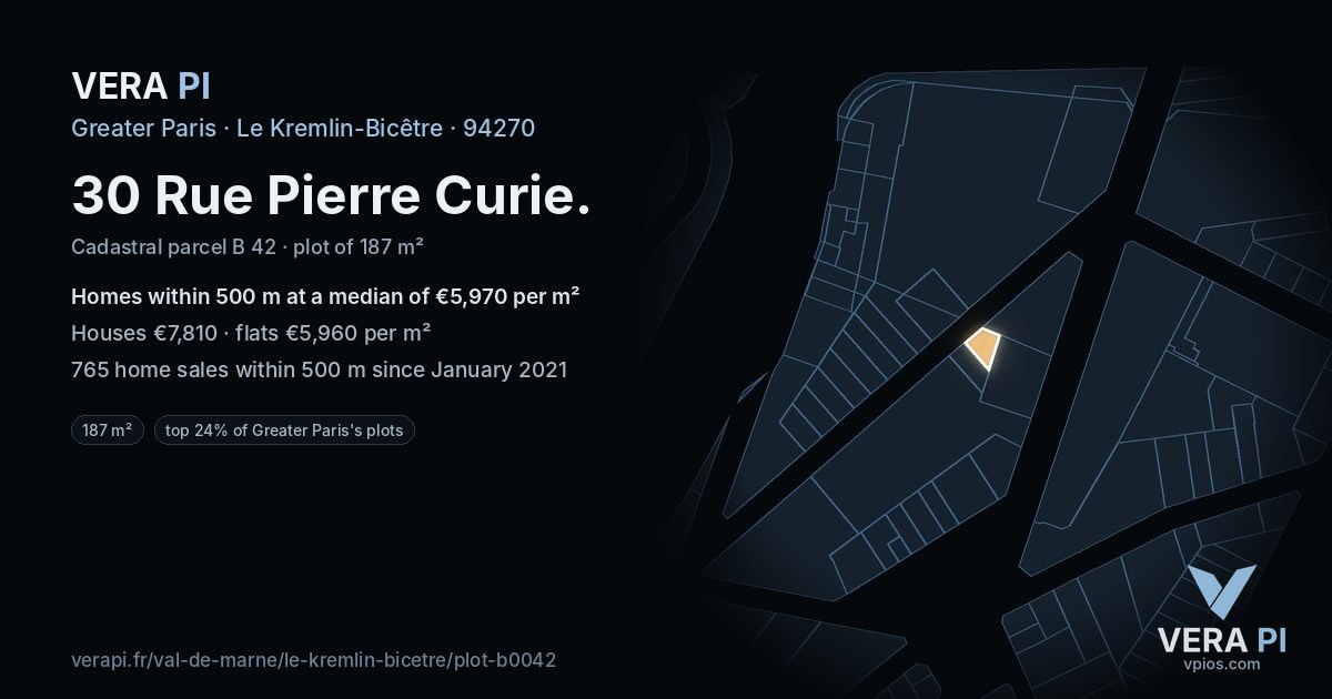 30 Rue Pierre Curie, Le Kremlin-Bicêtre at night – the plot lit, the parcels around coloured by the prices near them