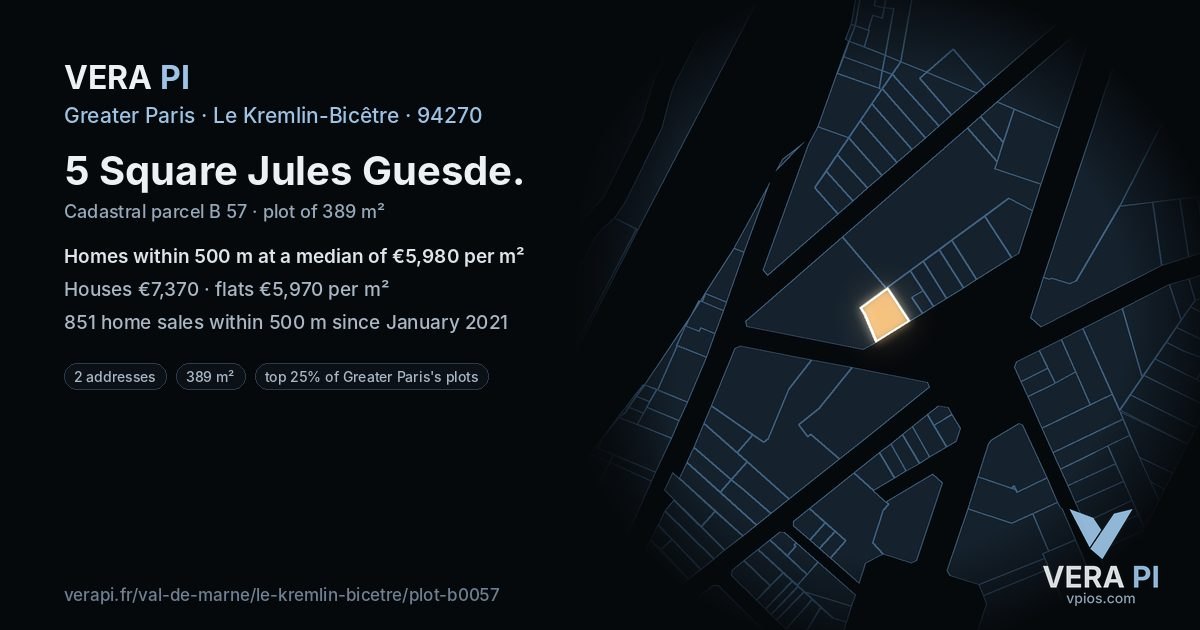 5 Square Jules Guesde, Le Kremlin-Bicêtre at night – the plot lit, the parcels around coloured by the prices near them