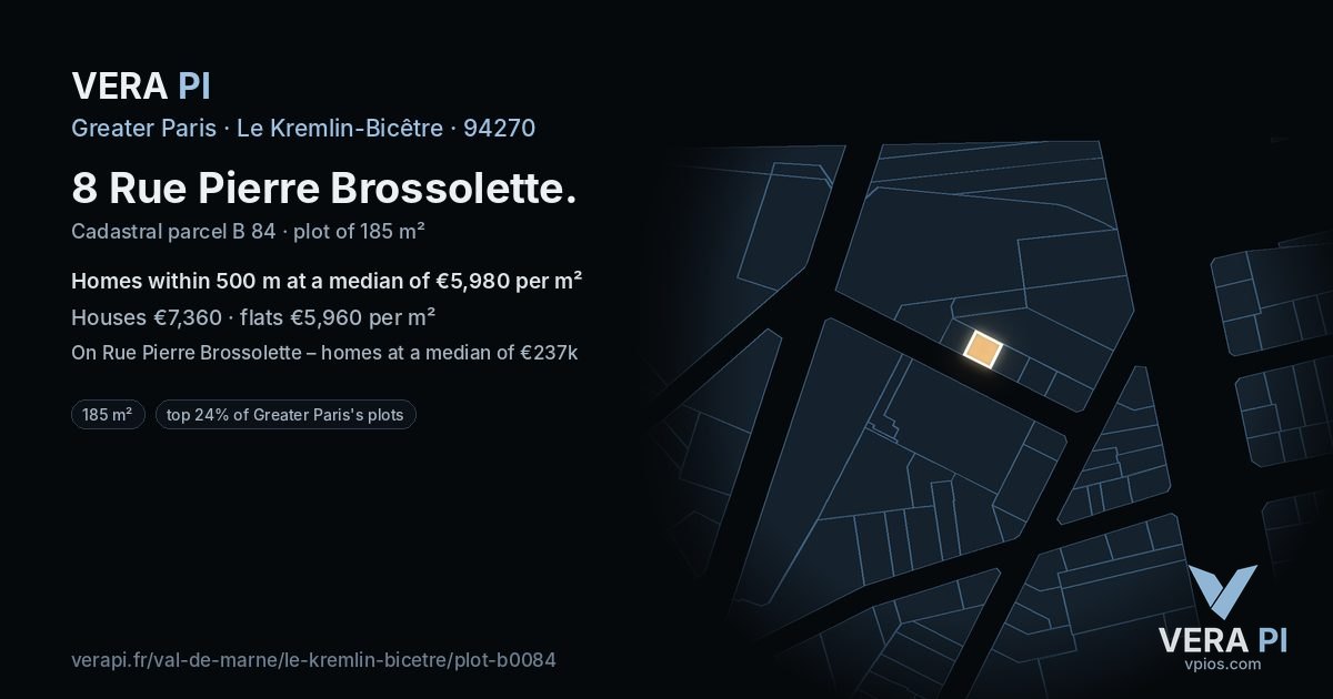 8 Rue Pierre Brossolette, Le Kremlin-Bicêtre at night – the plot lit, the parcels around coloured by the prices near them
