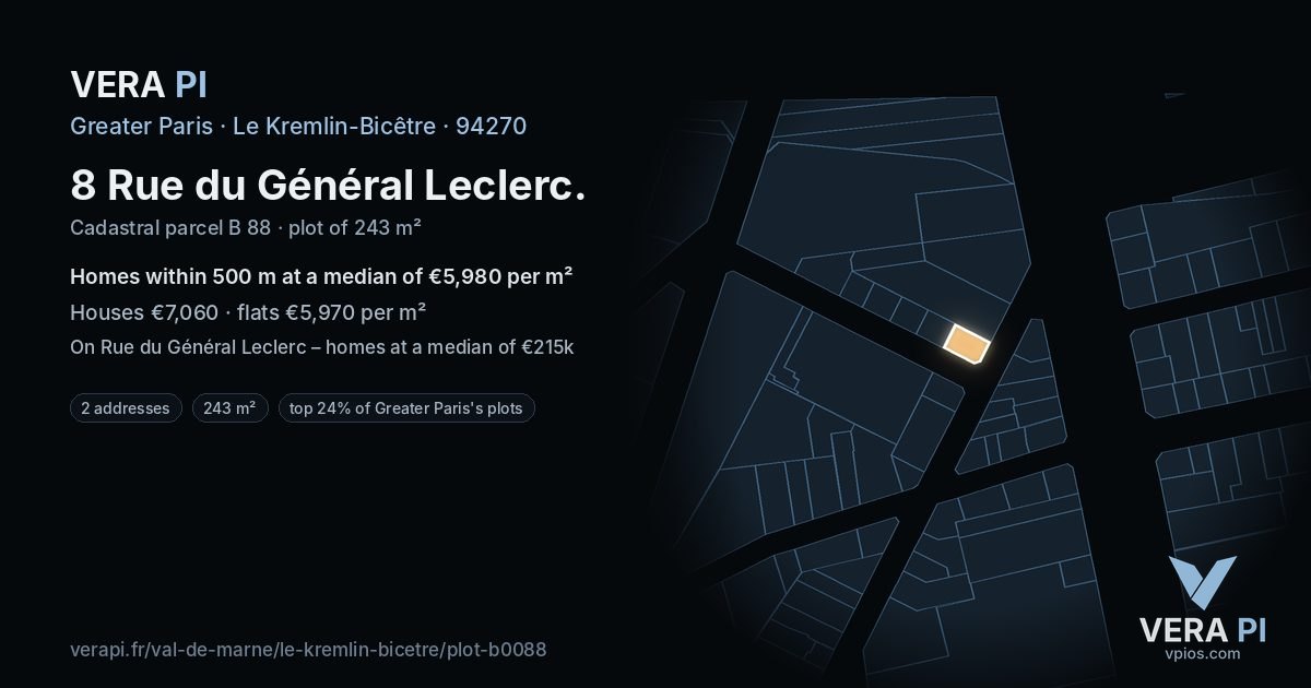 8 Rue du Général Leclerc, Le Kremlin-Bicêtre at night – the plot lit, the parcels around coloured by the prices near them