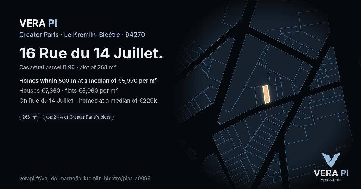 16 Rue du 14 Juillet, Le Kremlin-Bicêtre at night – the plot lit, the parcels around coloured by the prices near them