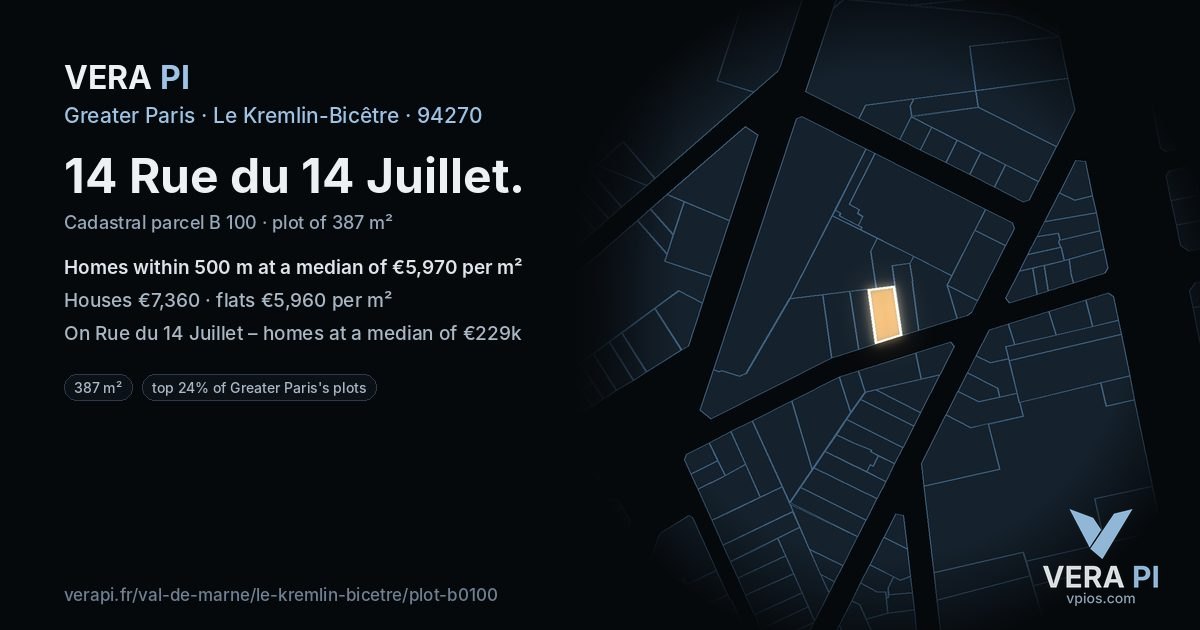 14 Rue du 14 Juillet, Le Kremlin-Bicêtre at night – the plot lit, the parcels around coloured by the prices near them