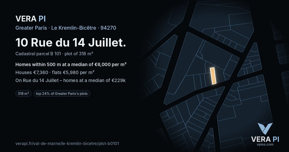 10 Rue du 14 Juillet, Le Kremlin-Bicêtre at night – the plot lit, the parcels around coloured by the prices near them