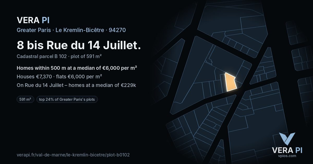 8 bis Rue du 14 Juillet, Le Kremlin-Bicêtre at night – the plot lit, the parcels around coloured by the prices near them