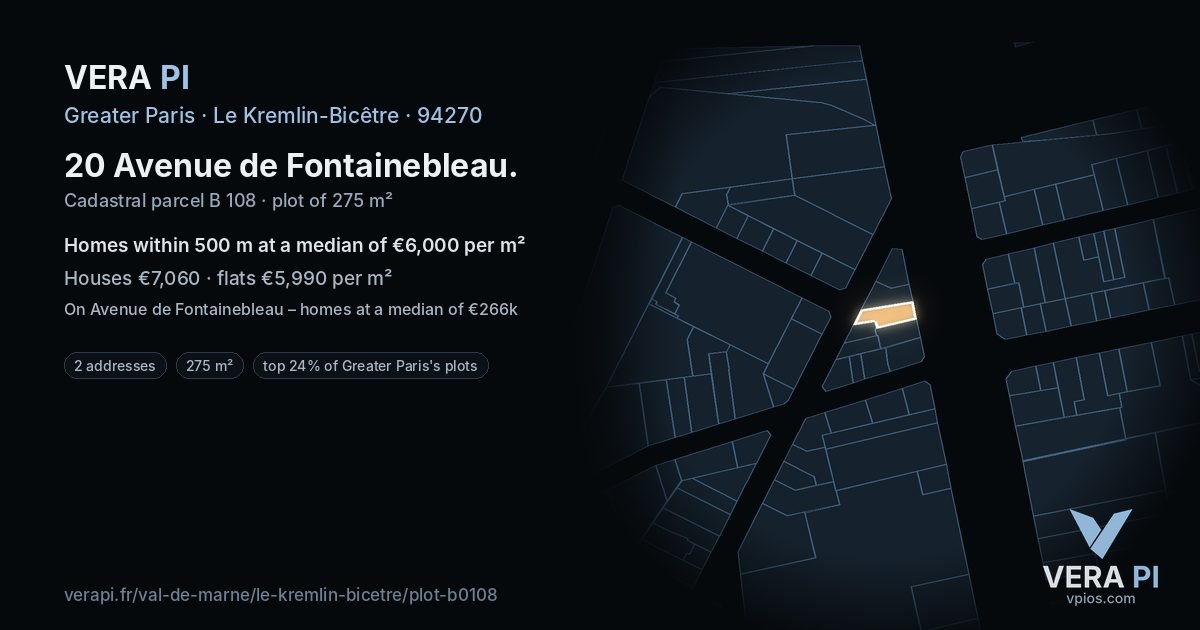 20 Avenue de Fontainebleau, Le Kremlin-Bicêtre at night – the plot lit, the parcels around coloured by the prices near them