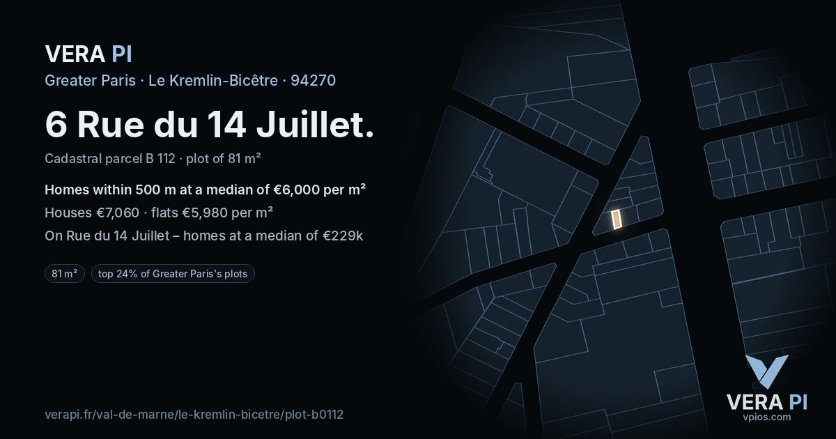 6 Rue du 14 Juillet, Le Kremlin-Bicêtre at night – the plot lit, the parcels around coloured by the prices near them