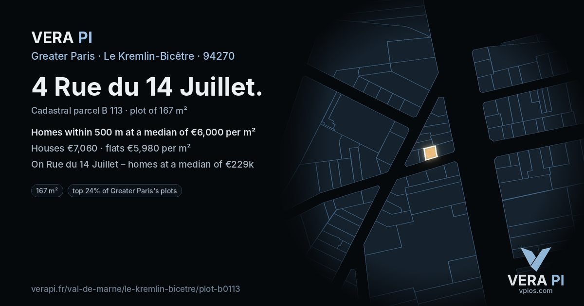 4 Rue du 14 Juillet, Le Kremlin-Bicêtre at night – the plot lit, the parcels around coloured by the prices near them