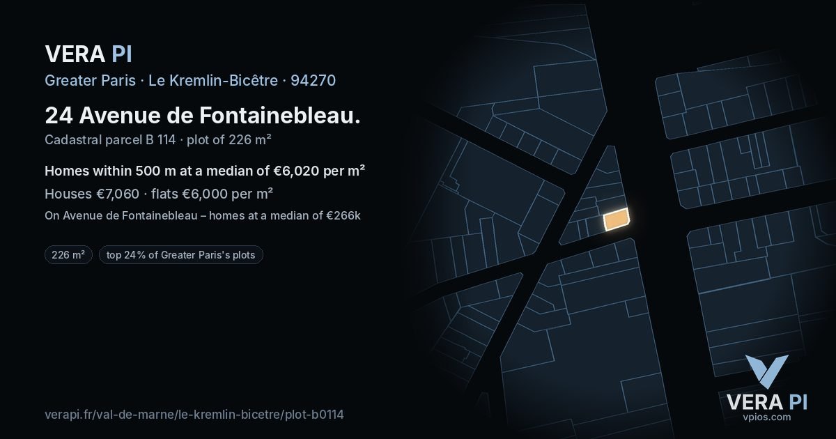 24 Avenue de Fontainebleau, Le Kremlin-Bicêtre at night – the plot lit, the parcels around coloured by the prices near them