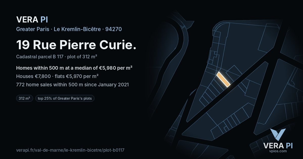 19 Rue Pierre Curie, Le Kremlin-Bicêtre at night – the plot lit, the parcels around coloured by the prices near them