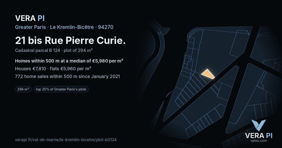 21 bis Rue Pierre Curie, Le Kremlin-Bicêtre at night – the plot lit, the parcels around coloured by the prices near them