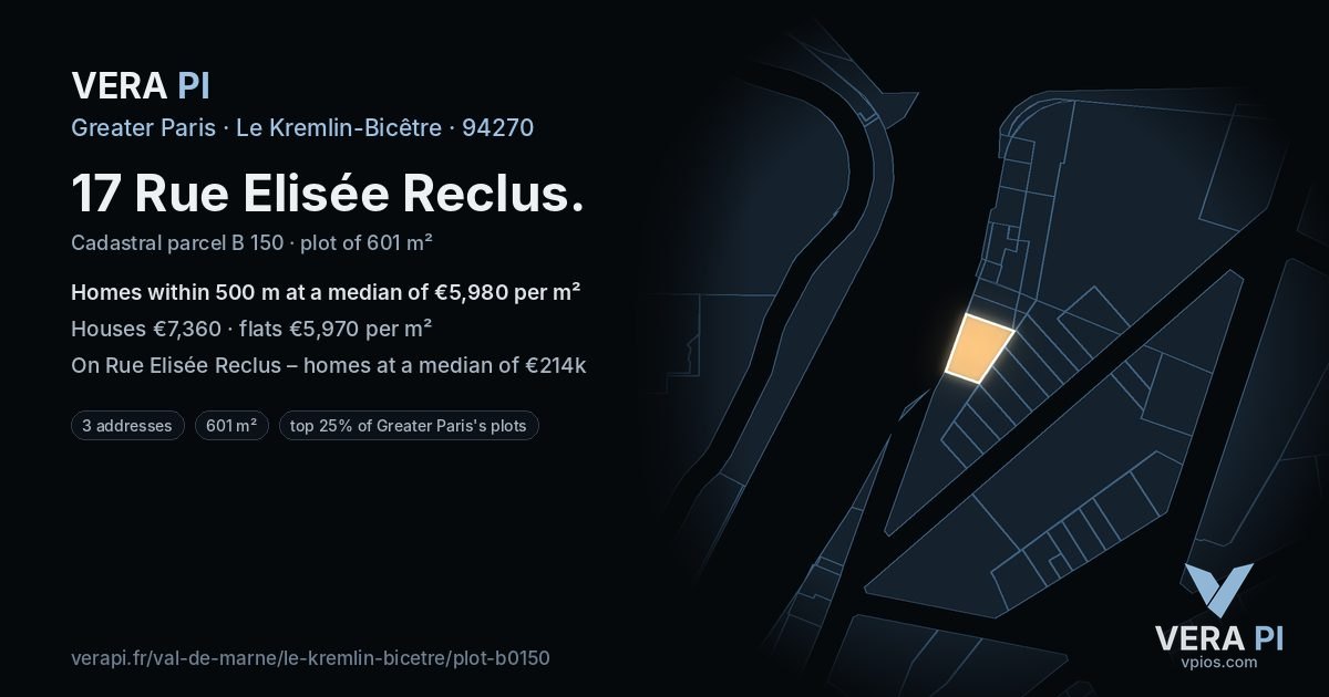 17 Rue Elisée Reclus, Le Kremlin-Bicêtre at night – the plot lit, the parcels around coloured by the prices near them