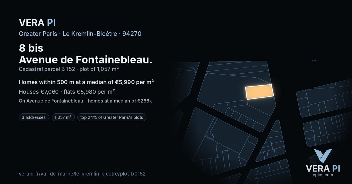 8 bis Avenue de Fontainebleau, Le Kremlin-Bicêtre at night – the plot lit, the parcels around coloured by the prices near them