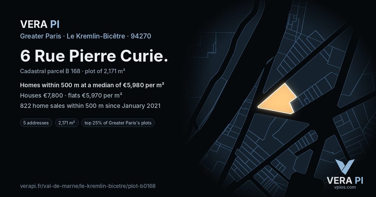 6 Rue Pierre Curie, Le Kremlin-Bicêtre at night – the plot lit, the parcels around coloured by the prices near them