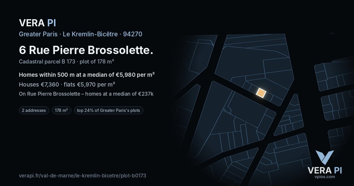 6 Rue Pierre Brossolette, Le Kremlin-Bicêtre at night – the plot lit, the parcels around coloured by the prices near them