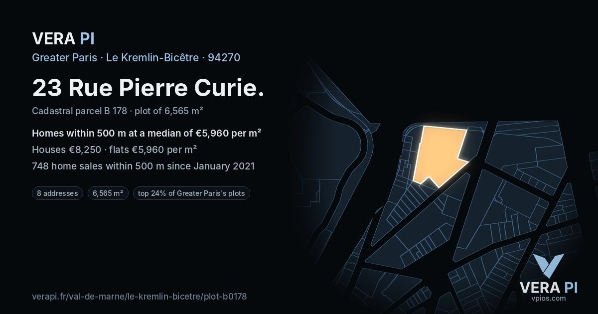 23 Rue Pierre Curie, Le Kremlin-Bicêtre at night – the plot lit, the parcels around coloured by the prices near them