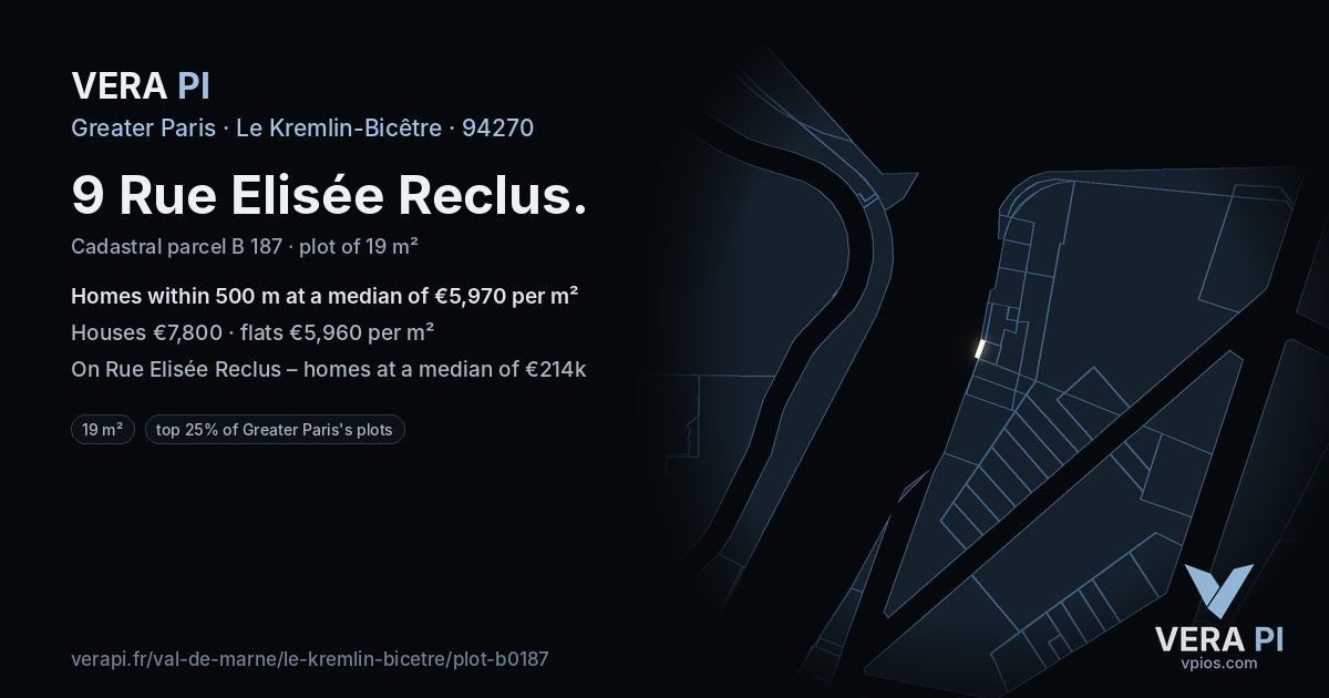 9 Rue Elisée Reclus, Le Kremlin-Bicêtre at night – the plot lit, the parcels around coloured by the prices near them