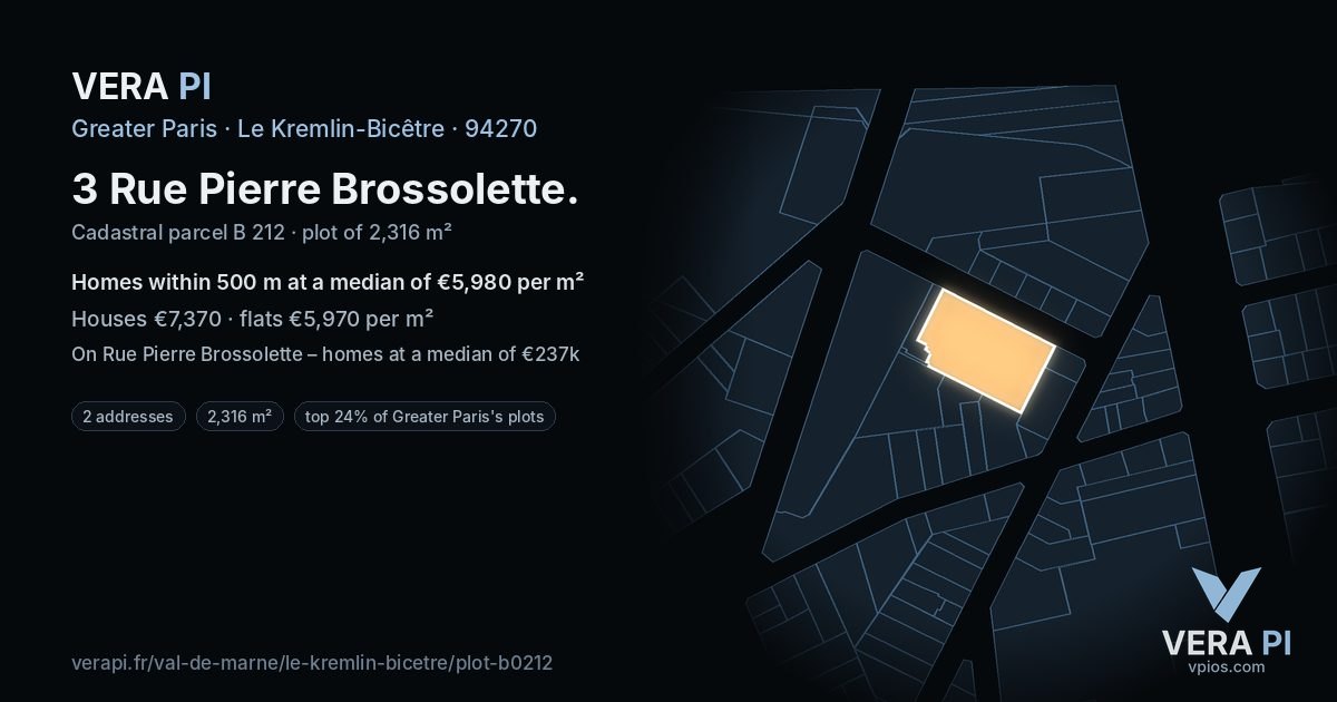 3 Rue Pierre Brossolette, Le Kremlin-Bicêtre at night – the plot lit, the parcels around coloured by the prices near them