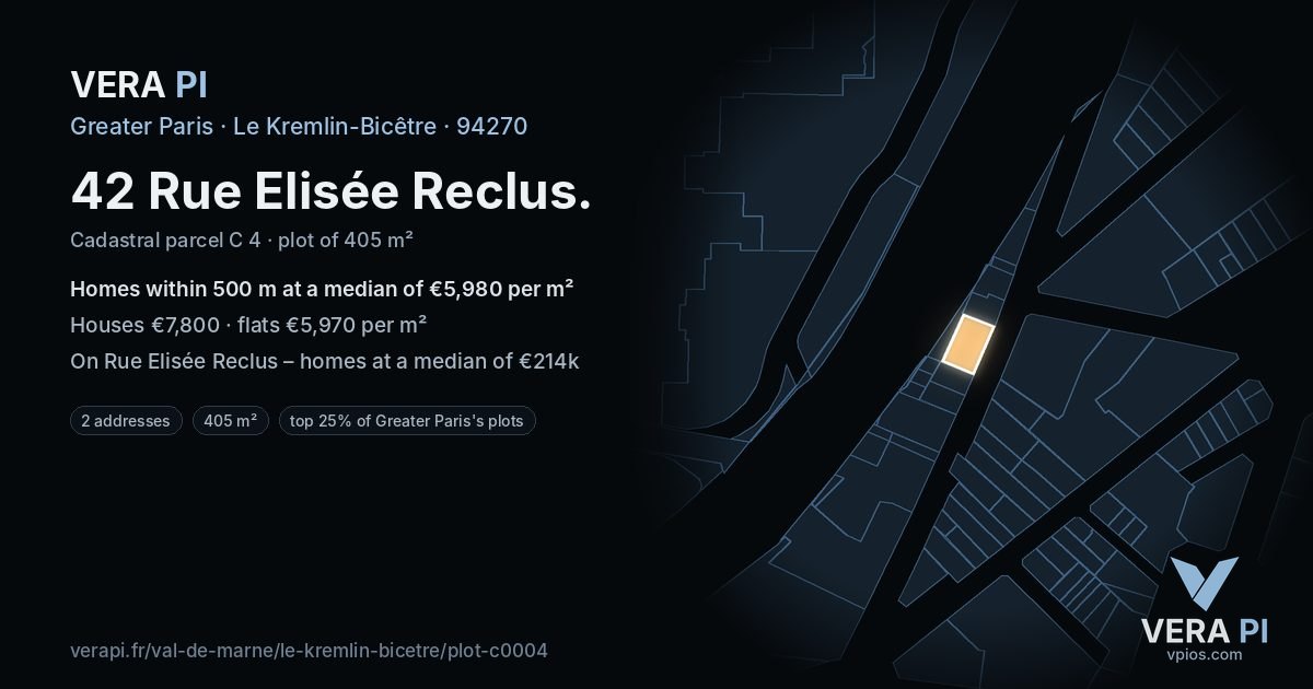42 Rue Elisée Reclus, Le Kremlin-Bicêtre at night – the plot lit, the parcels around coloured by the prices near them