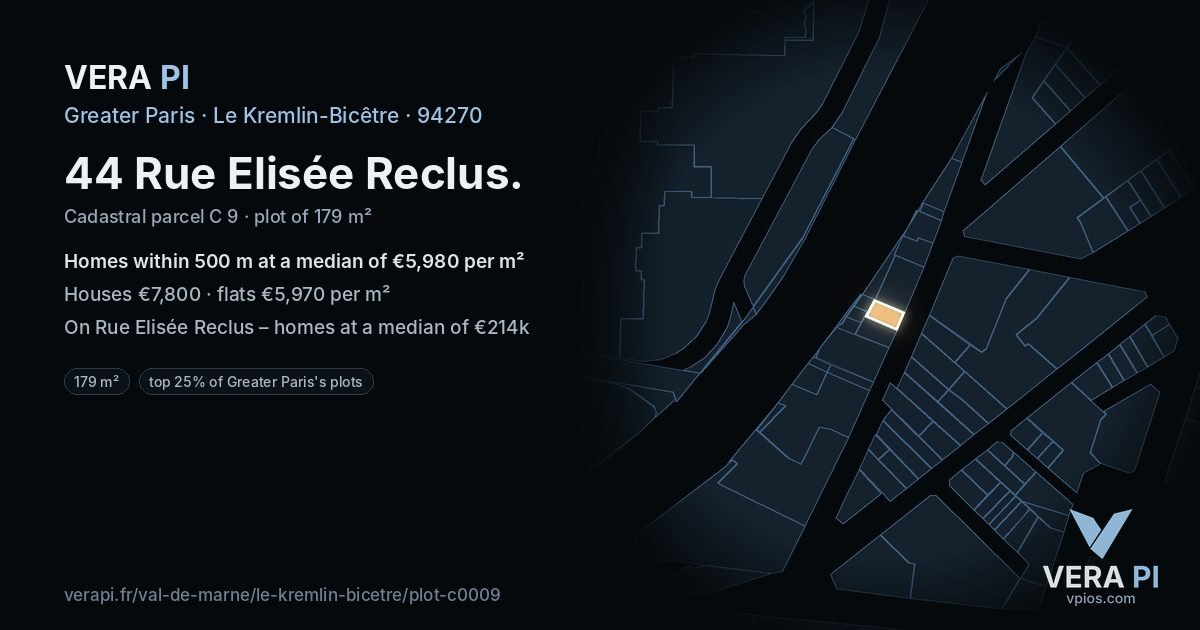 44 Rue Elisée Reclus, Le Kremlin-Bicêtre at night – the plot lit, the parcels around coloured by the prices near them