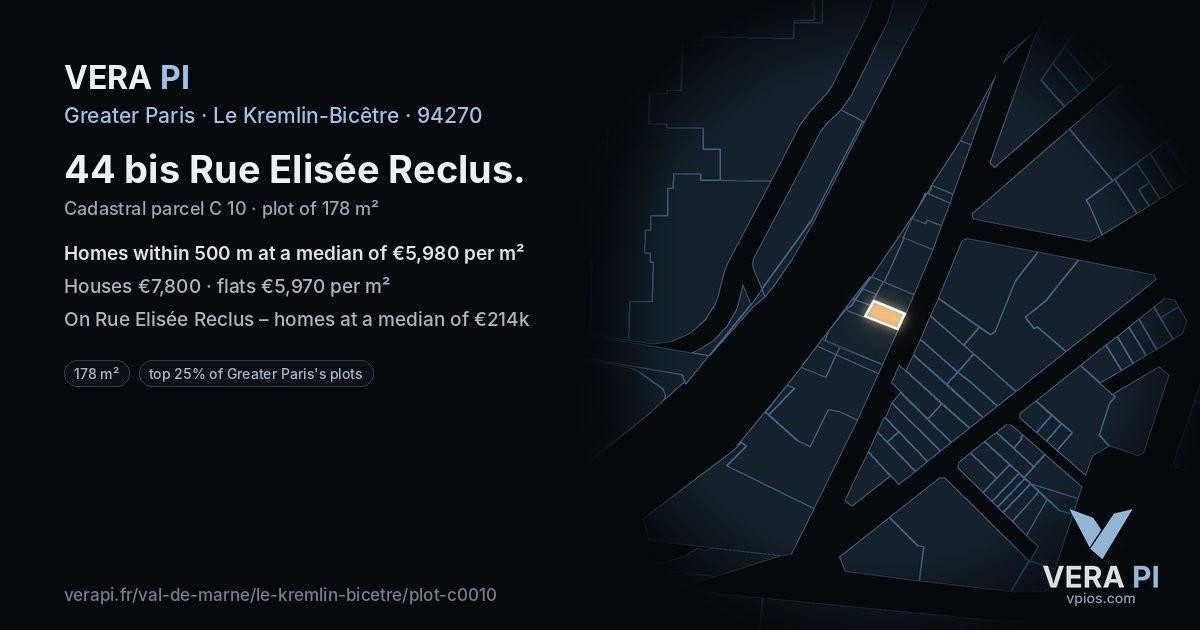 44 bis Rue Elisée Reclus, Le Kremlin-Bicêtre at night – the plot lit, the parcels around coloured by the prices near them