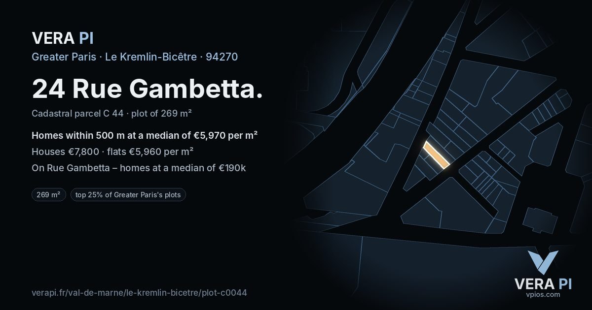 24 Rue Gambetta, Le Kremlin-Bicêtre at night – the plot lit, the parcels around coloured by the prices near them