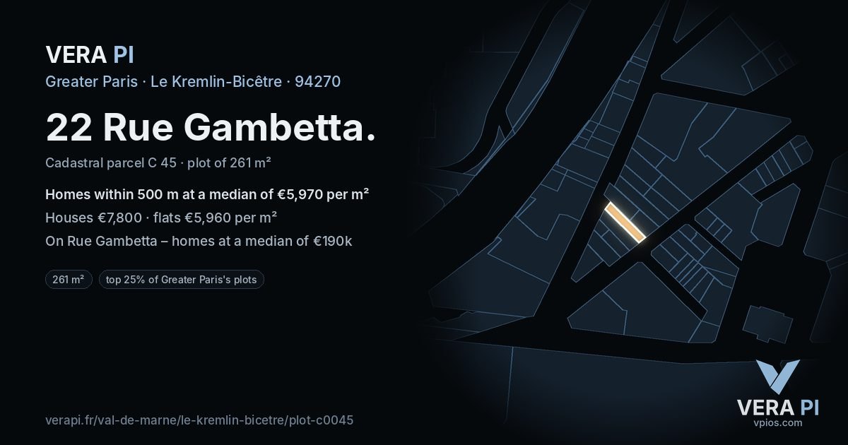 22 Rue Gambetta, Le Kremlin-Bicêtre at night – the plot lit, the parcels around coloured by the prices near them